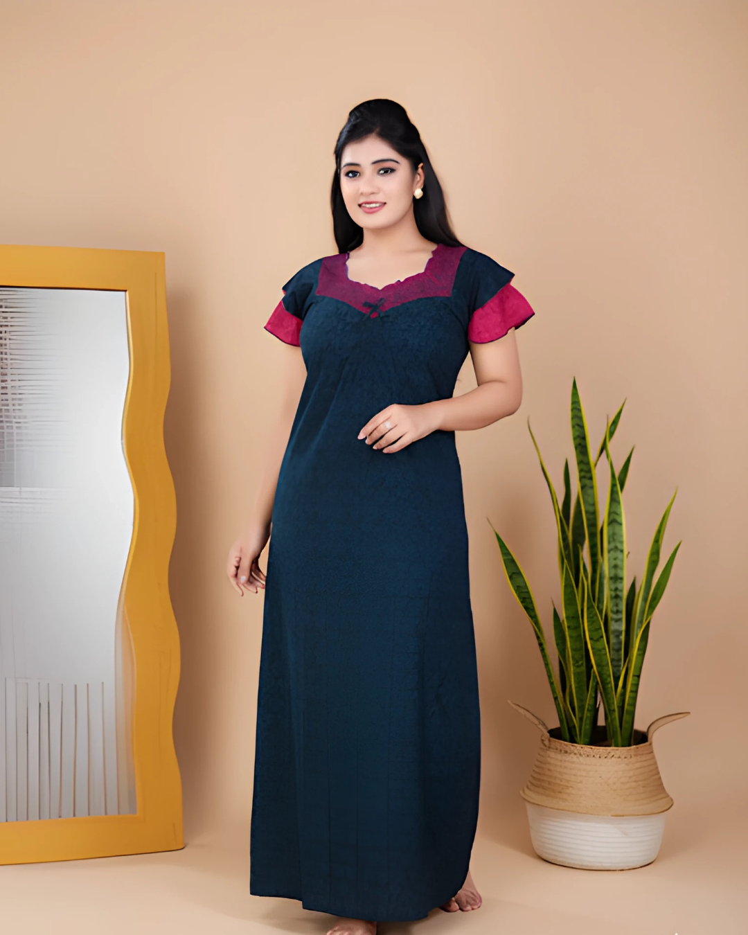 Zairra Embroidered Cotton Full-Length Nightgown for Women – Blue with Magenta Yoke and Frill Sleeves, Free Size