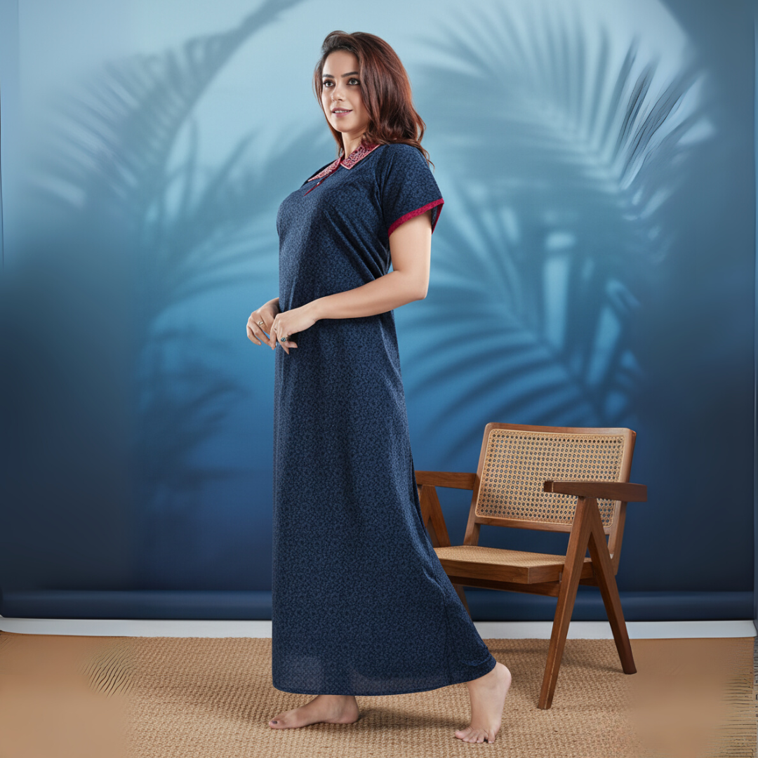 Zairra Women’s Solid Cotton Maxi Nightgown – Navy Blue with Contrast Embroidered Collar