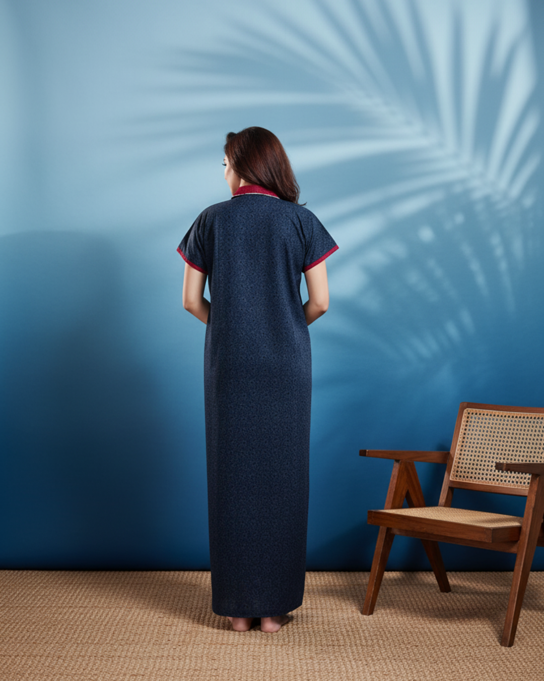 Zairra Women’s Solid Cotton Maxi Nightgown – Navy Blue with Contrast Embroidered Collar