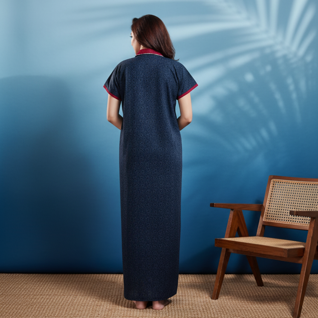 Zairra Women’s Solid Cotton Maxi Nightgown – Navy Blue with Contrast Embroidered Collar