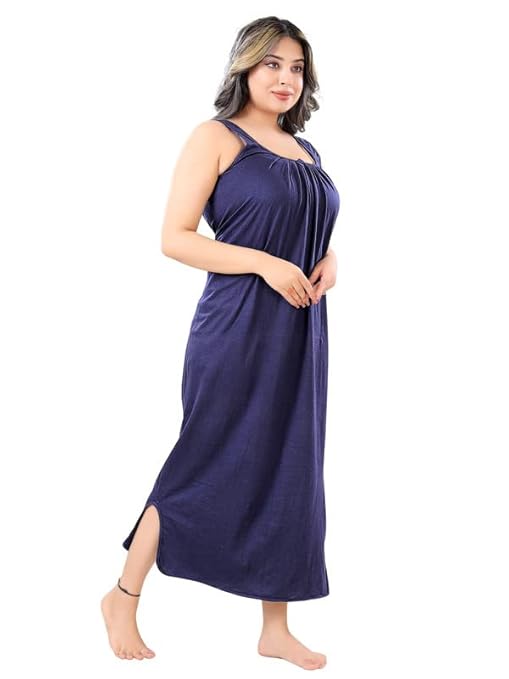 Zairra Sleeveless Cotton Blend Maxi Nighty for Women – Navy Blue, Free Size