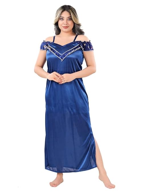 Zairra Satin Maxi Nighty with Matching Robe – Royal Blue, Short Sleeves