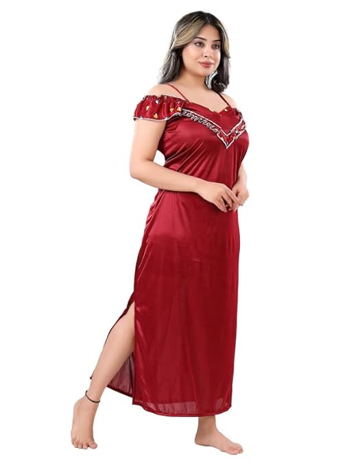 Zairra Satin Solid Maxi Nighty with Matching Robe – Red, Short Sleeves, Free Size