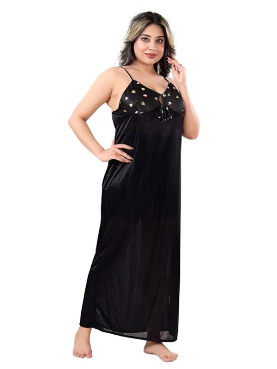 Zairra Sleeveless Satin Maxi Nighty with Matching Robe – Black, Free Size