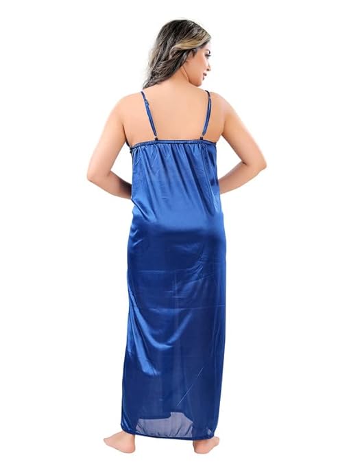 Zairra Sleeveless Satin Solid Maxi Nighty with Robe – Blue, Free Size