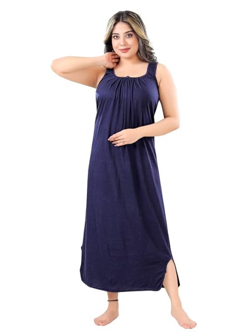 Zairra Sleeveless Cotton Blend Maxi Nighty for Women – Navy Blue, Free Size