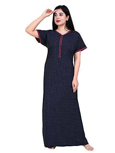 Zairra Women’s Cotton Printed Maxi Nightgown – Navy Blue with Pink Contrast Zipper (Free Size)