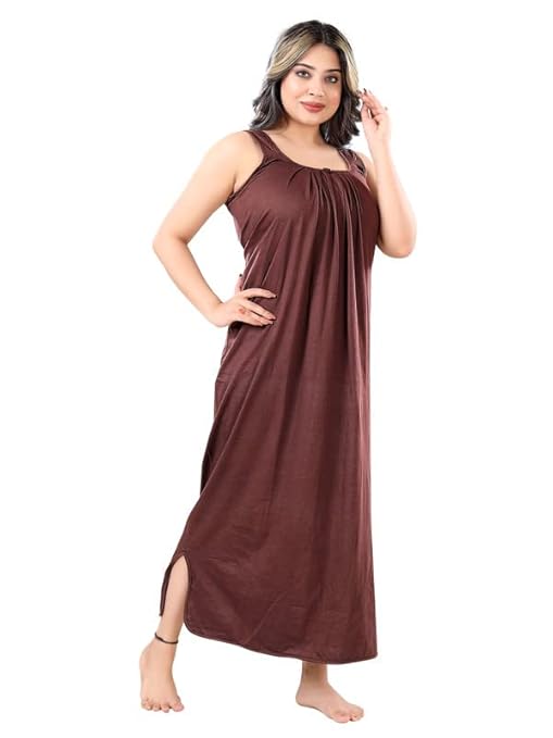 Zairra Sleeveless Cotton Blend Maxi Nighty for Women – Brown, Free Size
