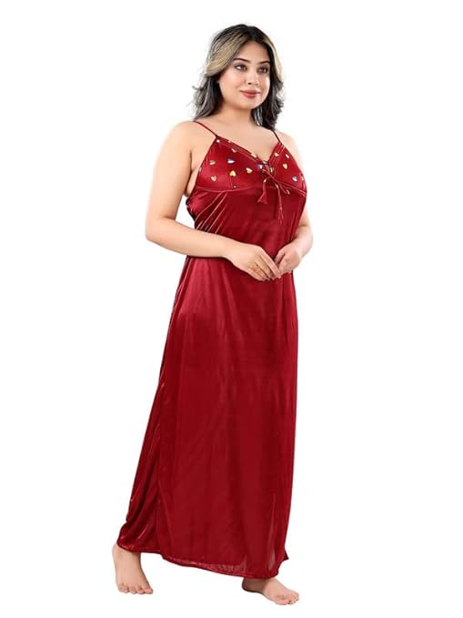 Sleeveless Satin Solid Maxi Nighty with Robe for Women – Red, Free Size