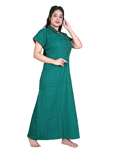 Zairra Green Printed Cotton Nighty with Front Pleats for Women – Free Size, Comfortable Fit