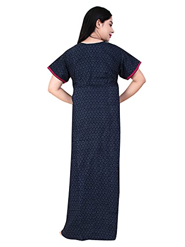 Zairra Women’s Cotton Printed Maxi Nightgown – Navy Blue with Pink Contrast Zipper (Free Size)