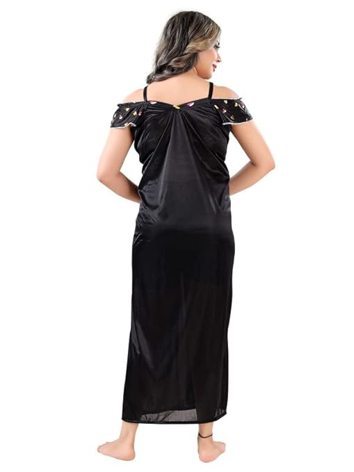 Zairra Satin Solid Maxi Nighty with Matching Robe – Black, Short Sleeves, Free Size
