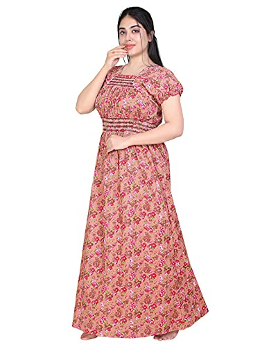 Zairra Women’s Cotton Printed Maxi Nightgown – Peach Floral Design (Free Size)