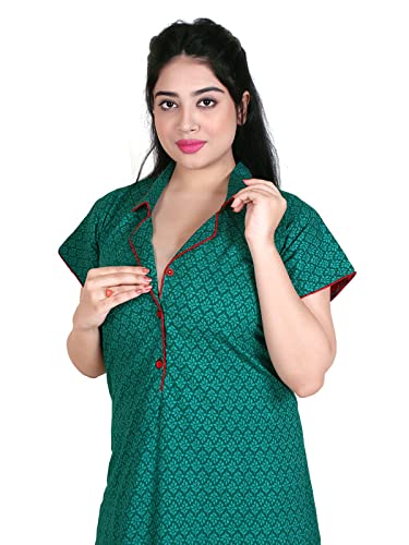 Zairra Green Printed Cotton Nighty with Front Pleats for Women – Free Size, Comfortable Fit