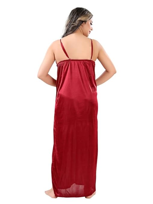 Sleeveless Satin Solid Maxi Nighty with Robe for Women – Red, Free Size