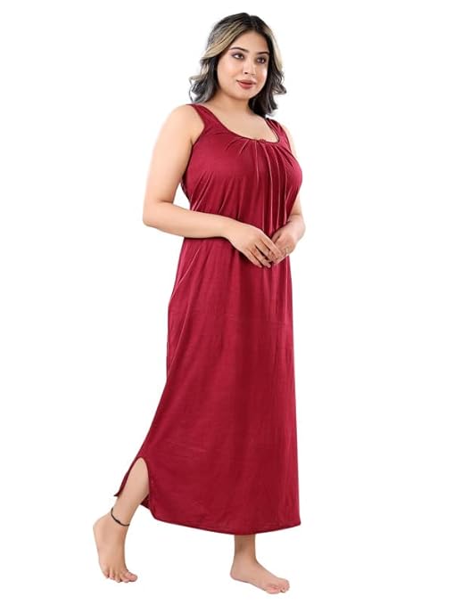 Zairra Sleeveless Cotton Blend Maxi Nighty for Women – Maroon, Free Size