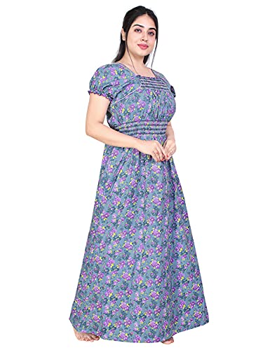 Zairra Women’s Cotton Printed Maxi Nightgown – Blue Floral Design (Free Size)