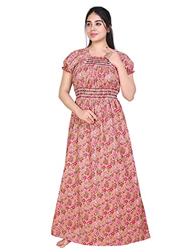 Zairra Women’s Cotton Printed Maxi Nightgown – Peach Floral Design (Free Size)