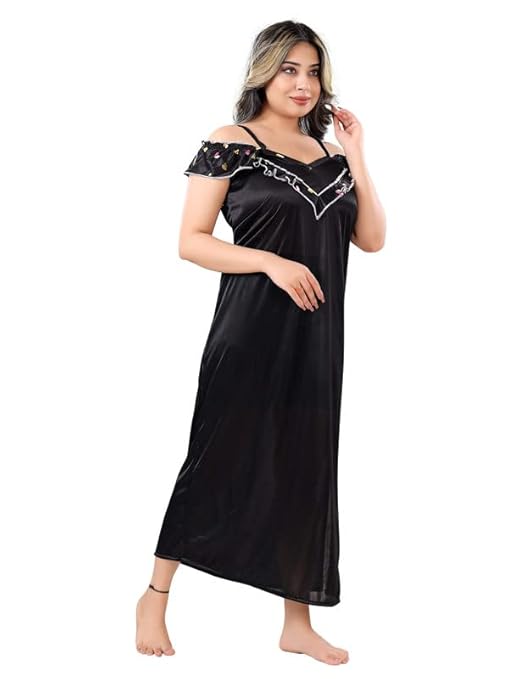 Zairra Satin Solid Maxi Nighty with Matching Robe – Black, Short Sleeves, Free Size