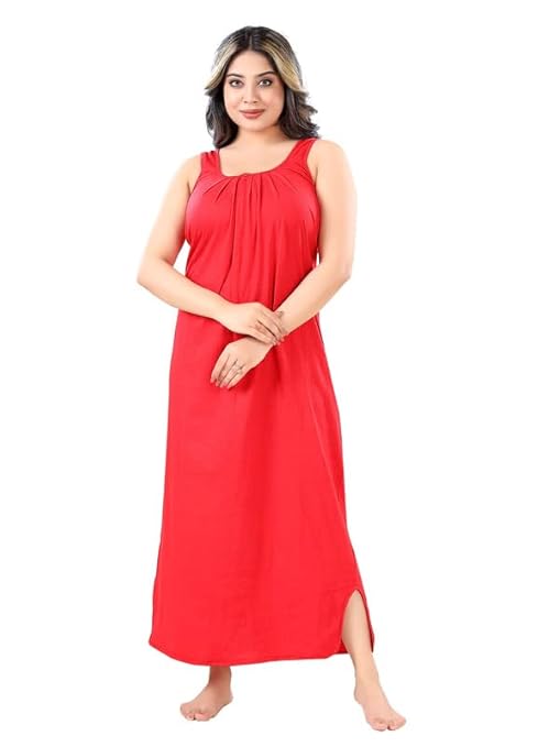 Zairra Sleeveless Cotton Blend Maxi Nighty for Women – Red, Free Size