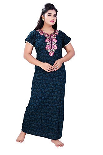 Zairra Embroidered Multicolour Printed Cotton Nightgown – Navy Blue with Pink Embroidered Yoke, Free Size