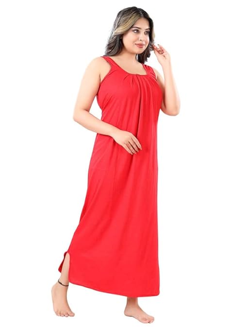 Zairra Sleeveless Cotton Blend Maxi Nighty for Women – Red, Free Size