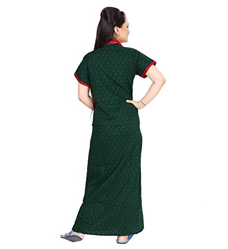 Zairra Embroidered Cotton Full-Length Nightgown for Women – Bottle Green with Red Collar Neck, Free Size