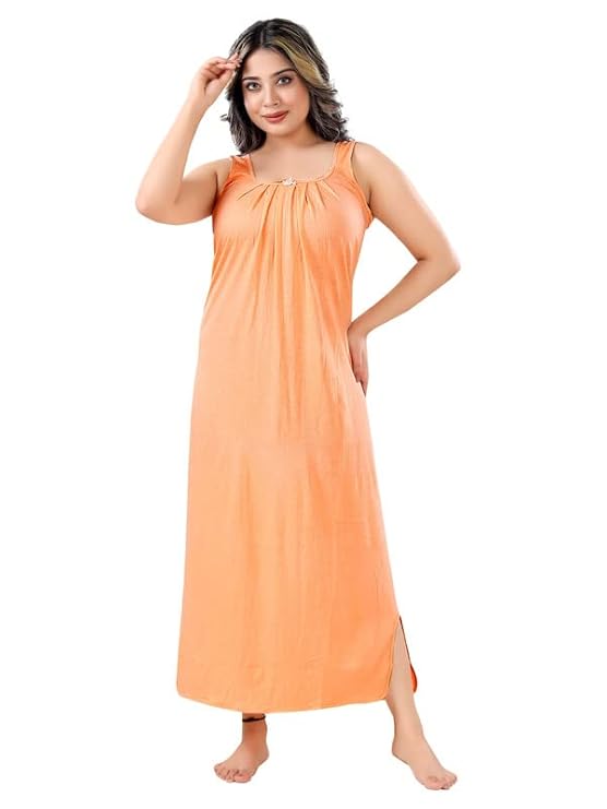 Zairra Peach Sleeveless Cotton Blend Nighty – Maxi Length, Free Size