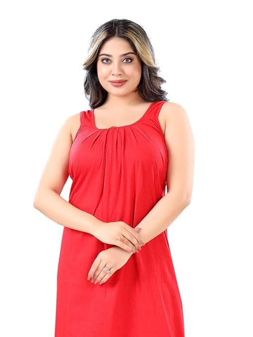 Zairra Sleeveless Cotton Blend Maxi Nighty for Women – Red, Free Size