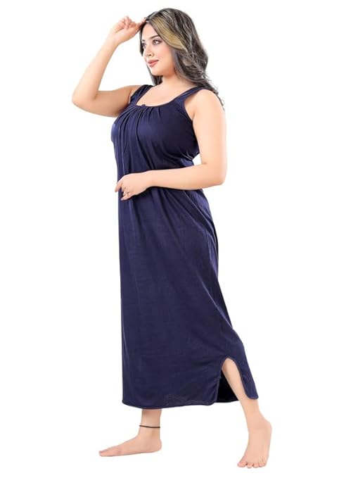 Zairra Sleeveless Cotton Blend Maxi Nighty for Women – Navy Blue, Free Size
