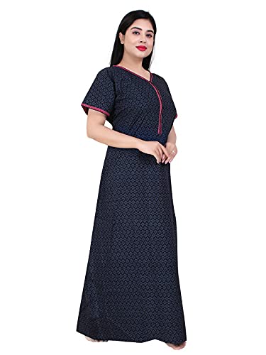 Zairra Women’s Cotton Printed Maxi Nightgown – Navy Blue with Pink Contrast Zipper (Free Size)