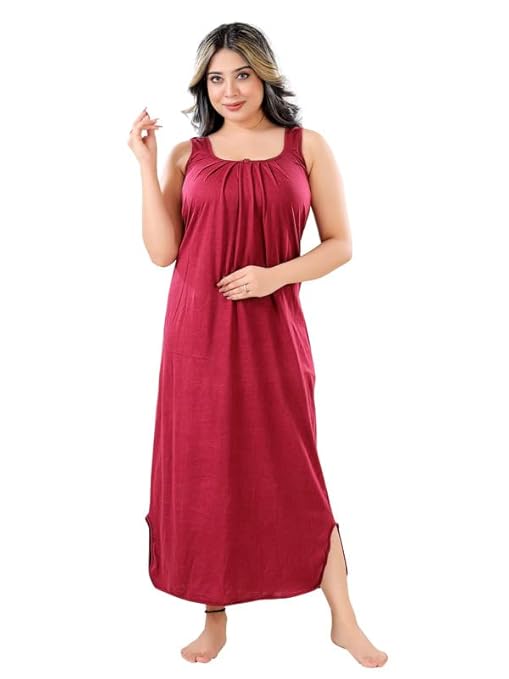 Zairra Sleeveless Cotton Blend Maxi Nighty for Women – Maroon, Free Size