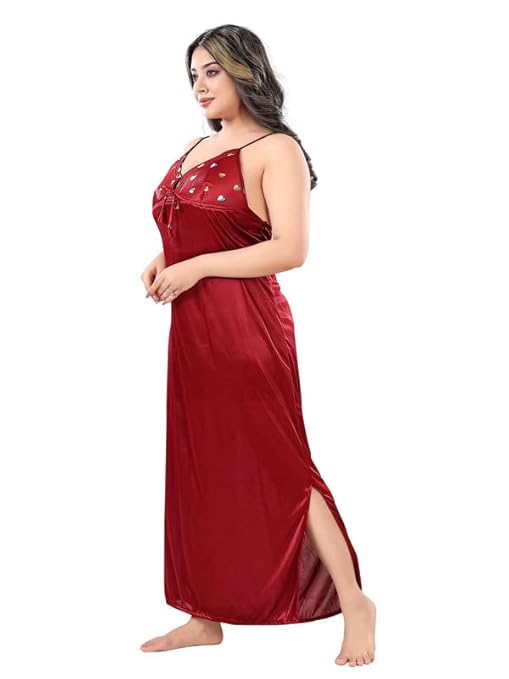 Sleeveless Satin Solid Maxi Nighty with Robe for Women – Red, Free Size