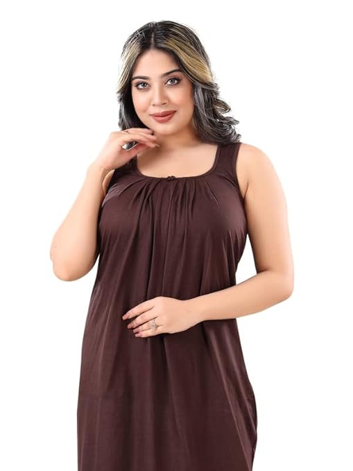 Zairra Sleeveless Cotton Blend Maxi Nighty for Women – Brown, Free Size