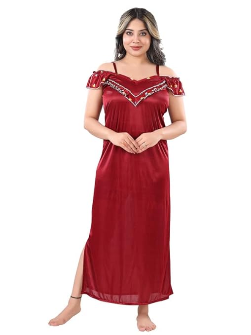 Zairra Satin Solid Maxi Nighty with Matching Robe – Red, Short Sleeves, Free Size