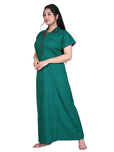 Zairra Green Printed Cotton Nighty with Front Pleats for Women – Free Size, Comfortable Fit