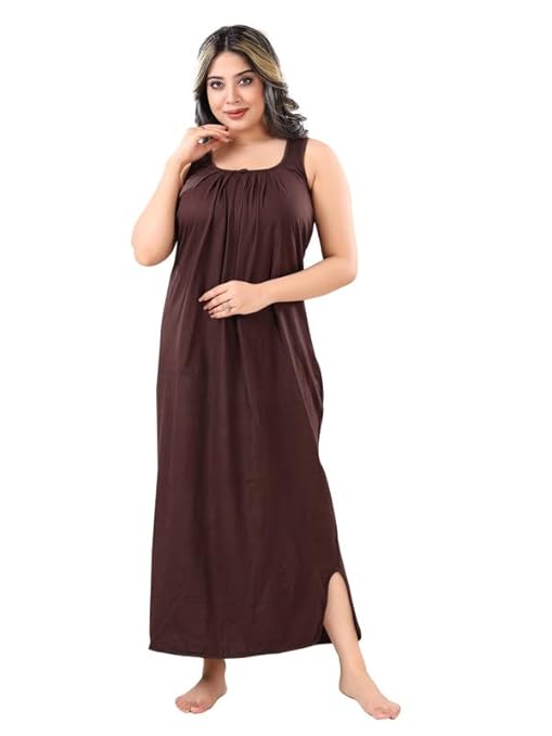 Zairra Sleeveless Cotton Blend Maxi Nighty for Women – Brown, Free Size