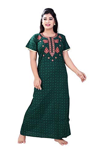 Zairra Embroidered Cotton Maxi Nightgown for Women – Dark Green with Red Thread Embroidery, Free Size