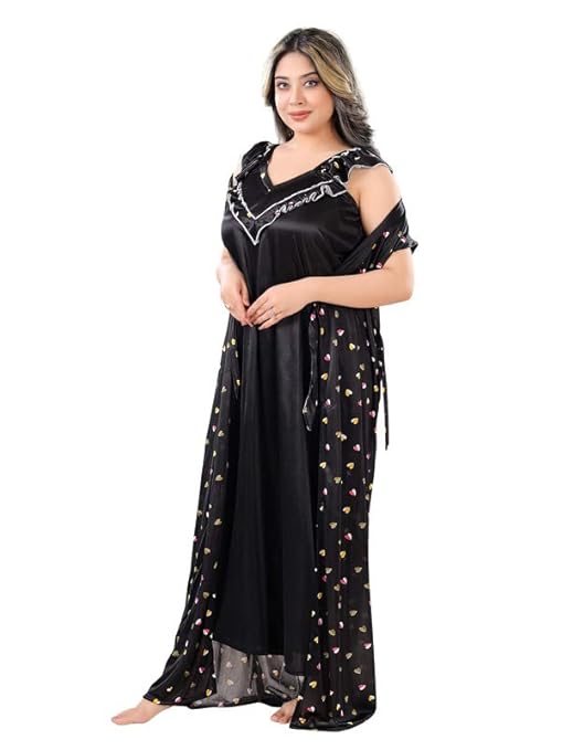 Zairra Satin Solid Maxi Nighty with Matching Robe – Black, Short Sleeves, Free Size