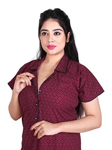 Zairra Stylish Cotton Nightwear for Women and Girls – Maroon with Shirt Collar Design