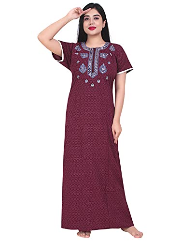 Zairra Women’s Cotton Printed Maxi Nightgown – Maroon with Blue Embroidered Yoke (Free Size, Zipper Closure)