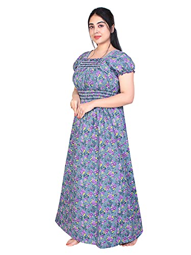 Zairra Women’s Cotton Printed Maxi Nightgown – Blue Floral Design (Free Size)