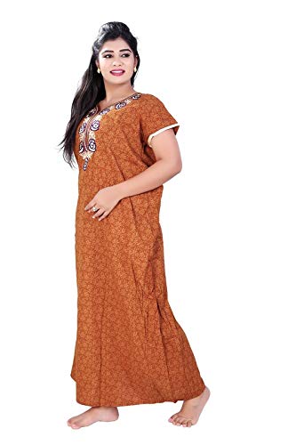 Zairra Printed Cotton Full-Length Nightgown for Women – Rust Orange with Printed Yoke