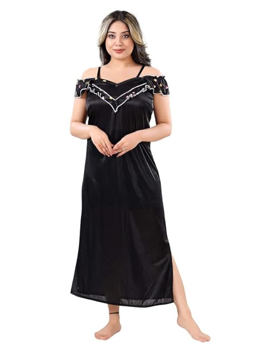 Zairra Satin Solid Maxi Nighty with Matching Robe – Black, Short Sleeves, Free Size