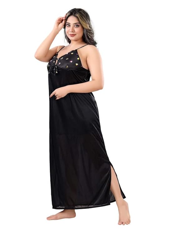 Zairra Sleeveless Satin Maxi Nighty with Matching Robe – Black, Free Size