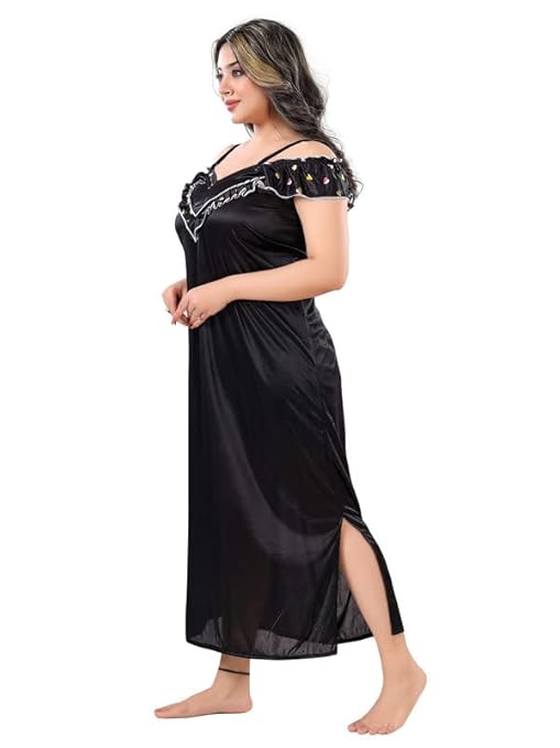 Zairra Satin Solid Maxi Nighty with Matching Robe – Black, Short Sleeves, Free Size