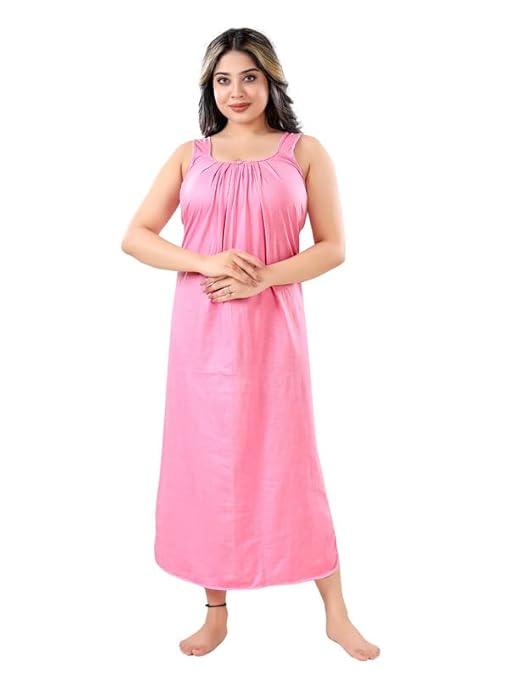 Zairra Sleeveless Cotton Blend Maxi Nighty for Women – Baby Pink, Free Size