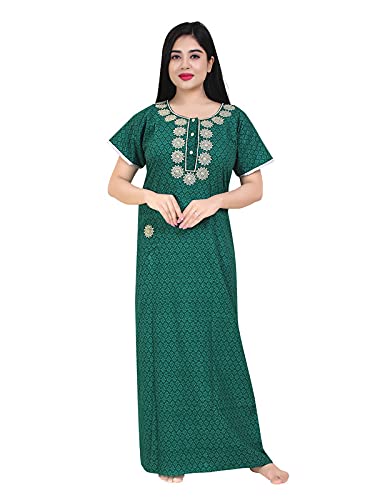 Zairra Women’s Printed Cotton Maxi Nightgown – Green Floral with Front Buttons (Free Size)