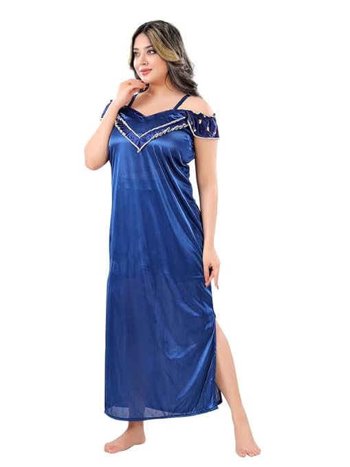 Zairra Satin Maxi Nighty with Matching Robe – Royal Blue, Short Sleeves