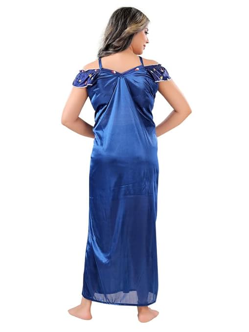 Zairra Satin Maxi Nighty with Matching Robe – Royal Blue, Short Sleeves